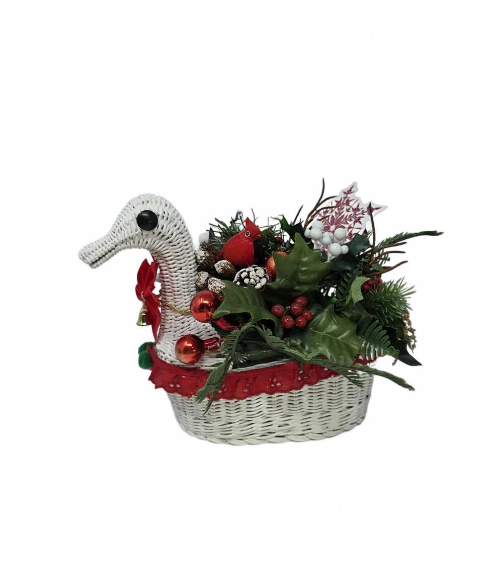 Vintage White Wicker Duck Basket Christmas Floral Centerpiece
